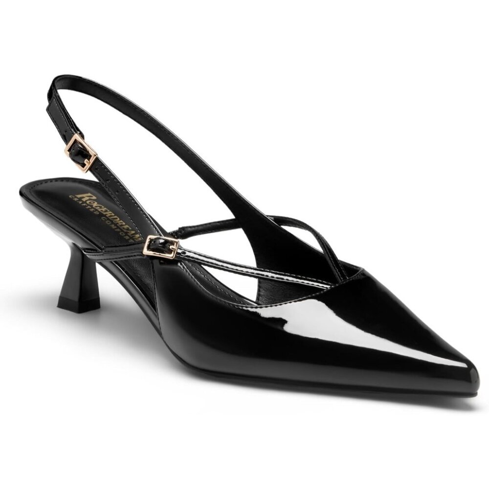 Women's Black Kitten Heel Slingback Pumps Patent Vegan Leather Comfortable